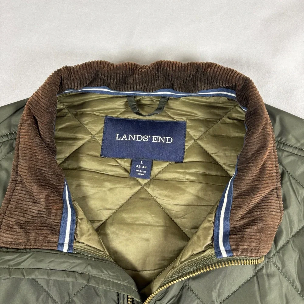 Lands End Primaloft Hybrid Quilted Jacket Mens Large Olive Green Corduroy Trim